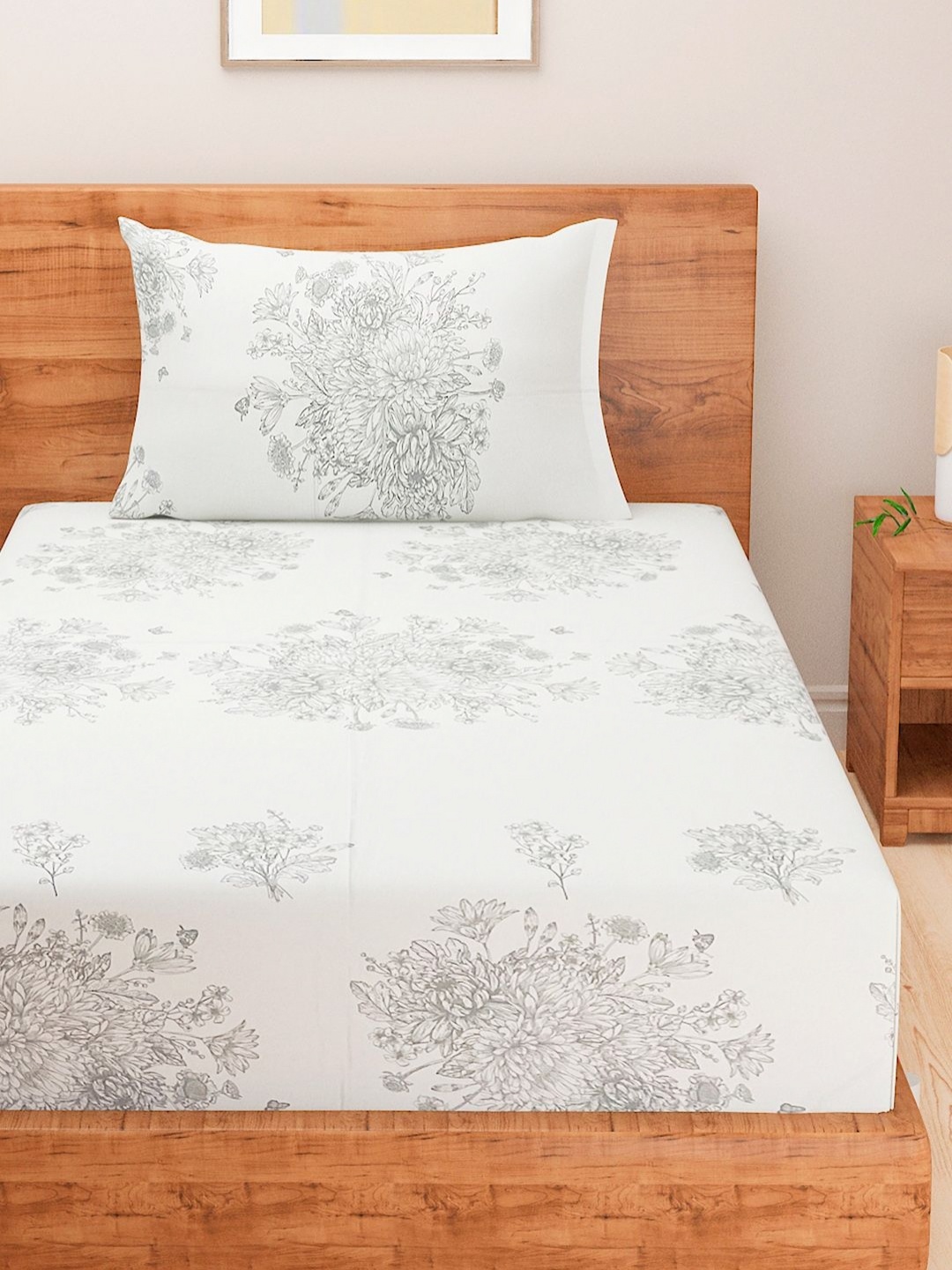 

Swayam White & Grey Floral Printed Cotton Satin Zinnia Single Bedsheet Set 250TC