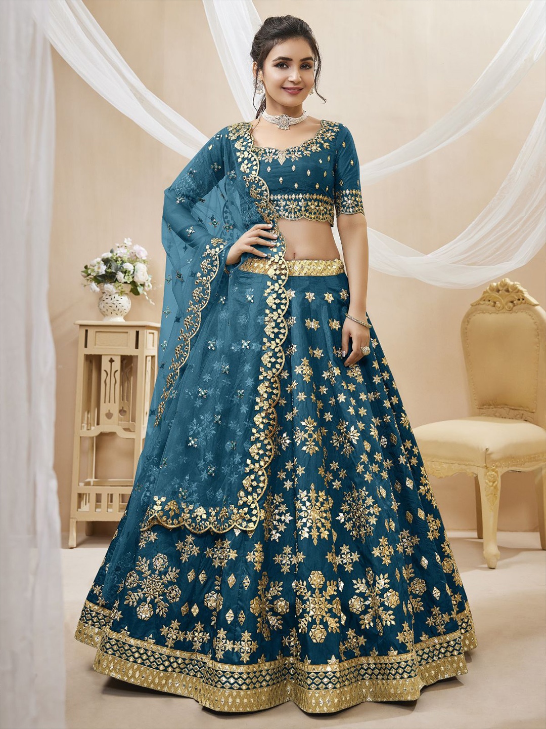 

ODETTE Embroidered Thread Work Semi-Stitched Lehenga & Unstitched Blouse With Dupatta, Blue