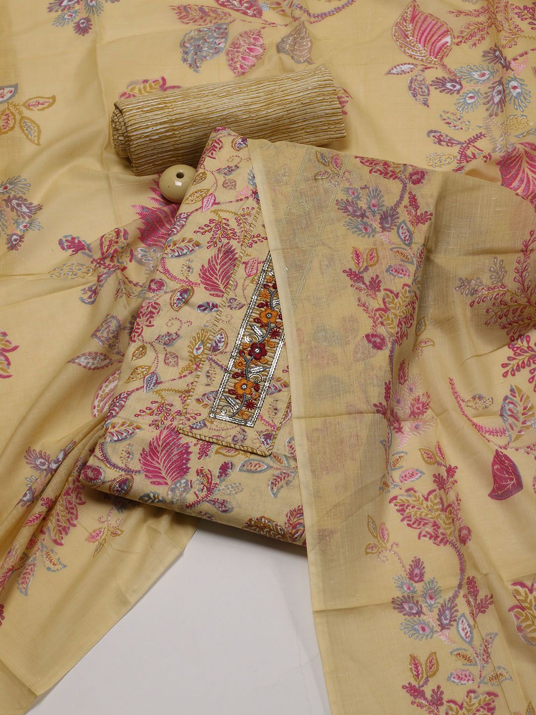 

Meena Bazaar Floral Printed Sequinned Unstitched Dress Material, Yellow