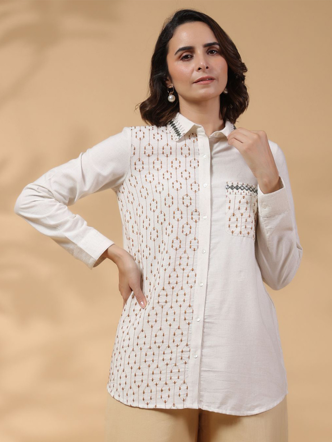 

Zolo Label Women Abstract Printed Shirt Collar Top, White