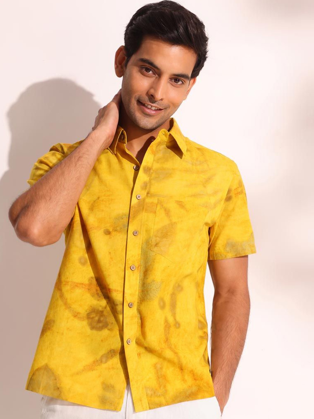 

Fabindia Men Spread Collar Dyed Cotton Casual Shirt, Yellow