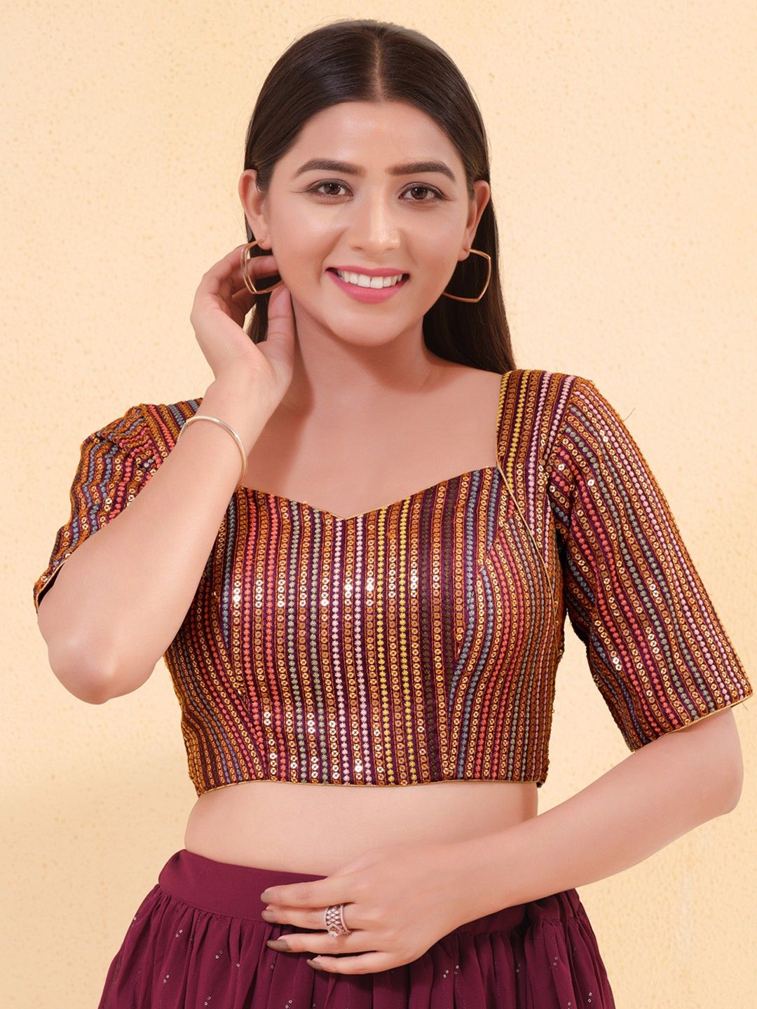 

Mmore Embroidered Padded Saree Blouse, Burgundy