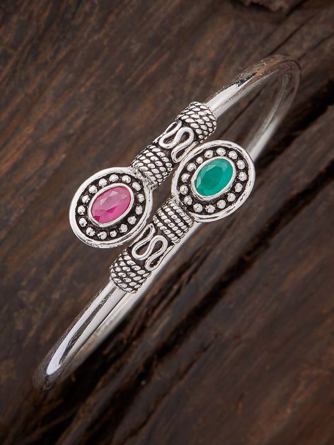 

Kushal's Fashion Jewellery Rhodium Plated Silver Artificial Stones Kada Bracelet
