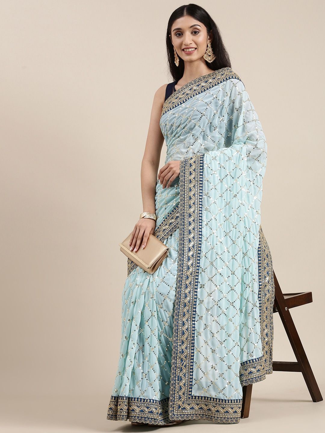 

VIRICA Embellished Sequinned Heavy Work Saree, Blue