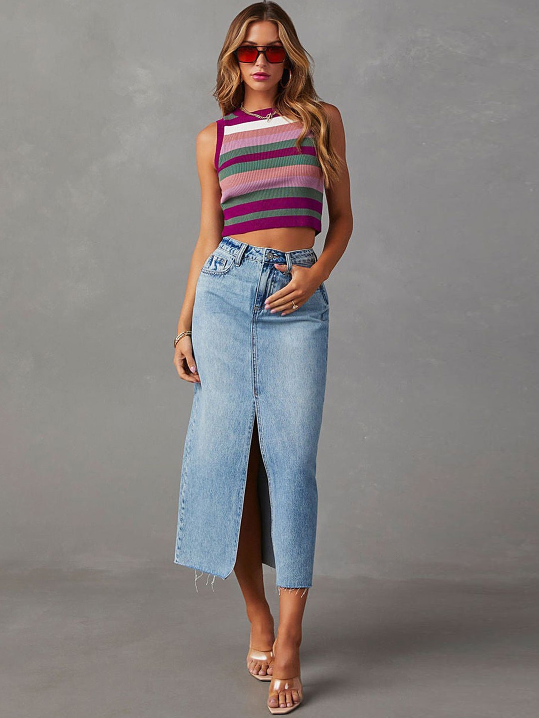 

LULU & SKY Straight Midi Denim Skirts, Blue