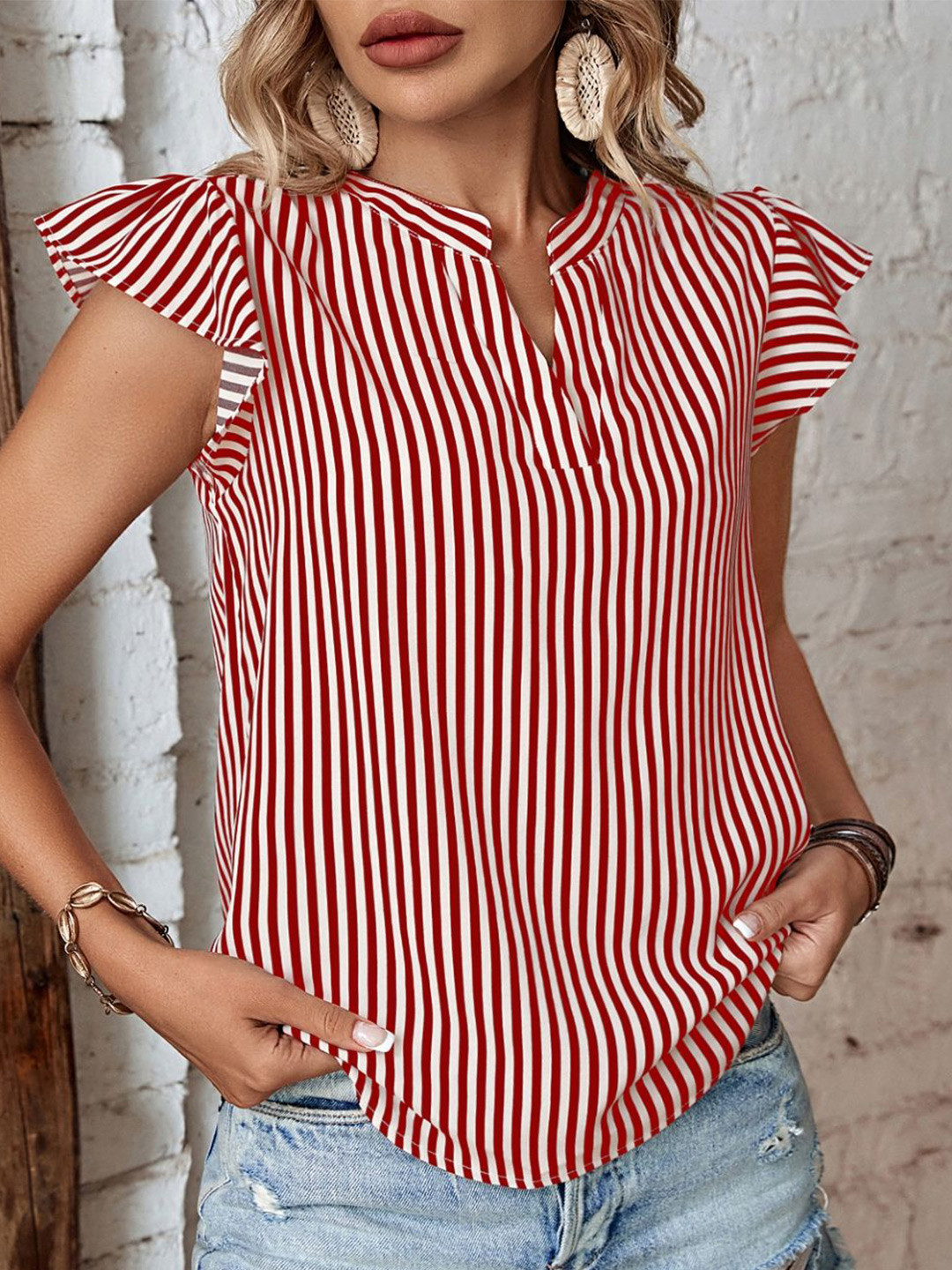 

KPOP Women Vertical Striped Mandarin Collar Top, White