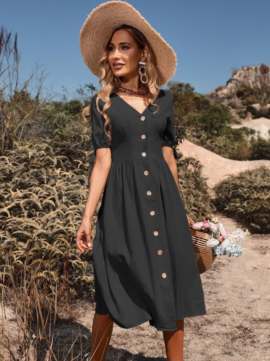 

KPOP Women Puff Sleeve A-Line Dress, Black
