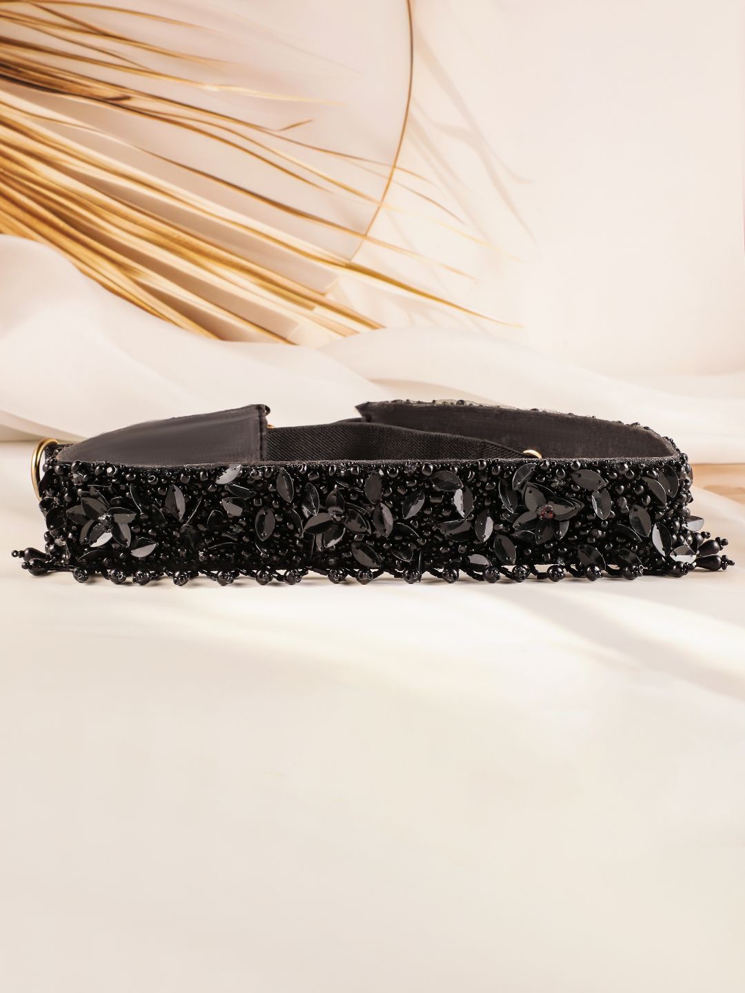 

Rubans Black Beaded & Crystal Zirconia Studded Adjustable Waist Belt with Fabric Base