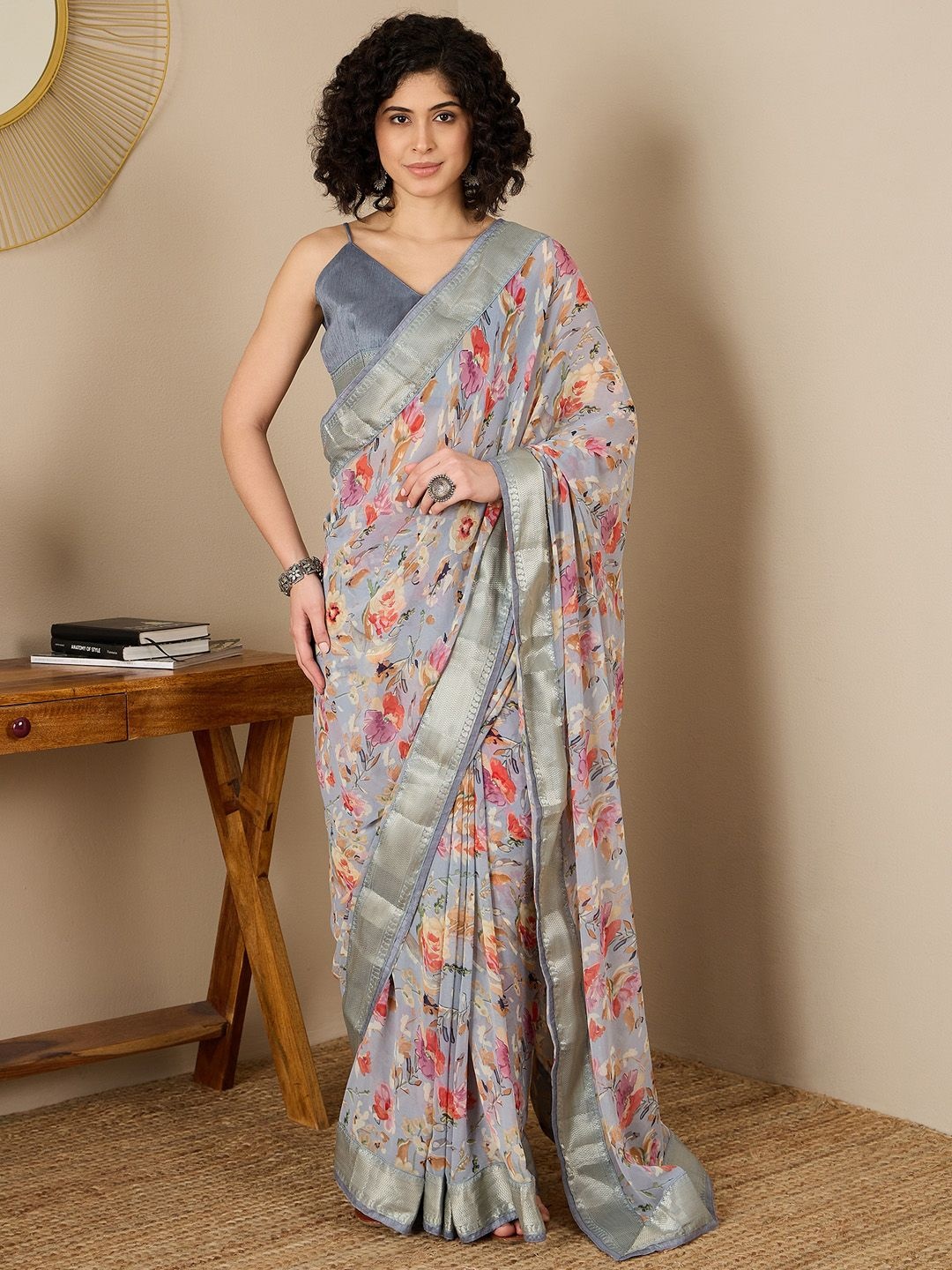 

Saree mall Floral Printed Zari Ready to Wear Saree, Grey