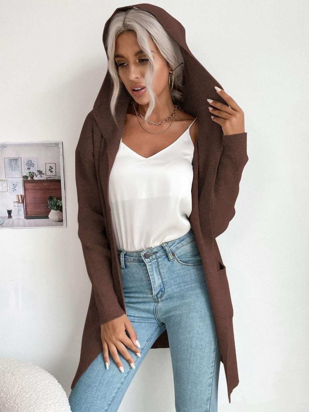 

KPOP Women Longline Cardigan, Brown