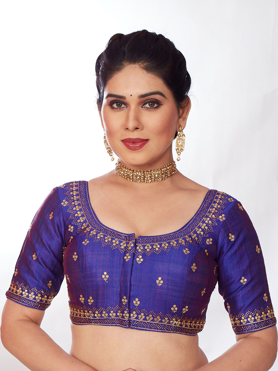 

Mmore Embroidered Padded Saree Blouse, Purple