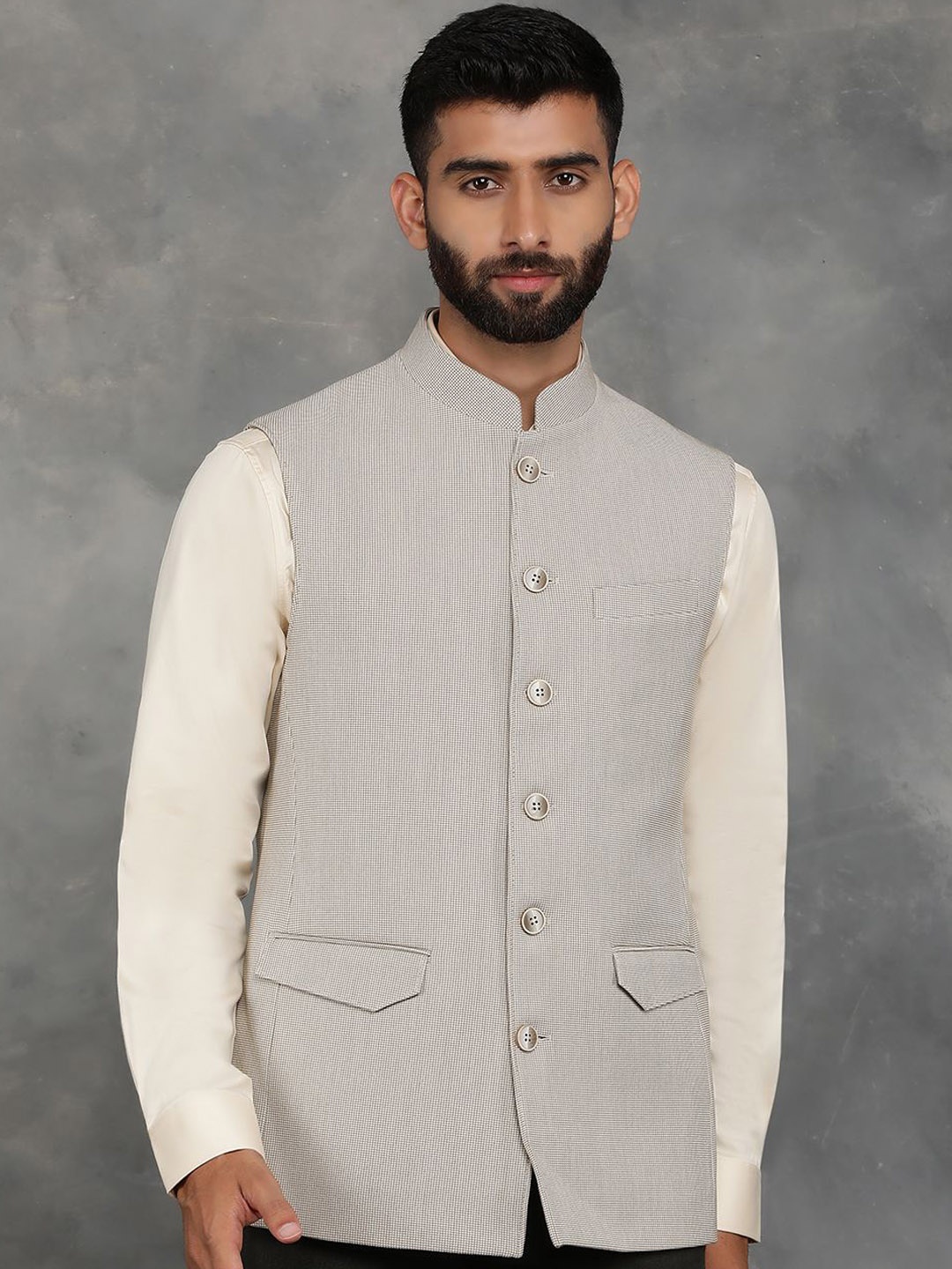 

JADE BLUE Men Geometric Checked Tailored Jacket, Beige