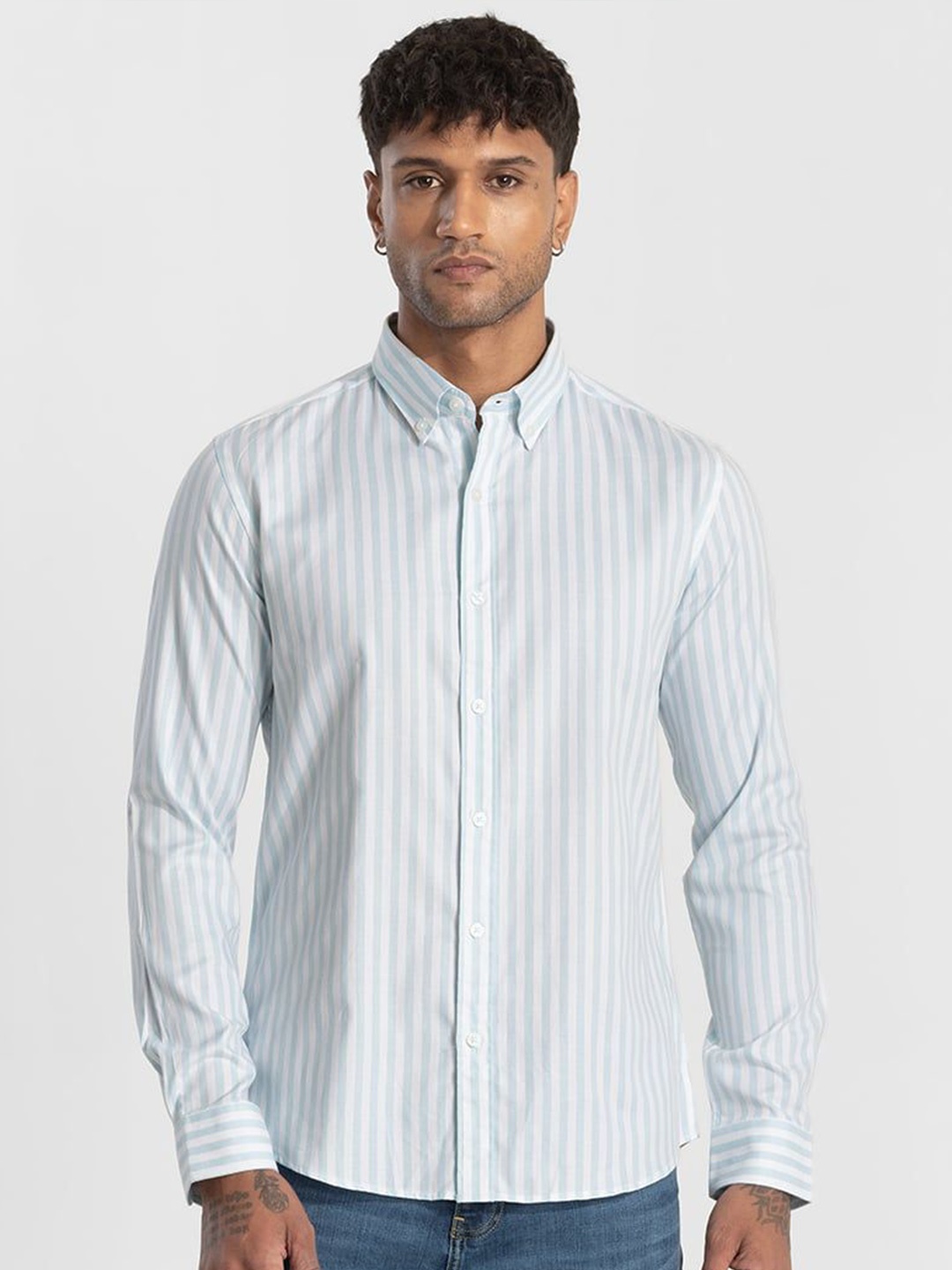 

Snitch Men Smart Slim Fit Opaque Striped Casual Shirt, Blue