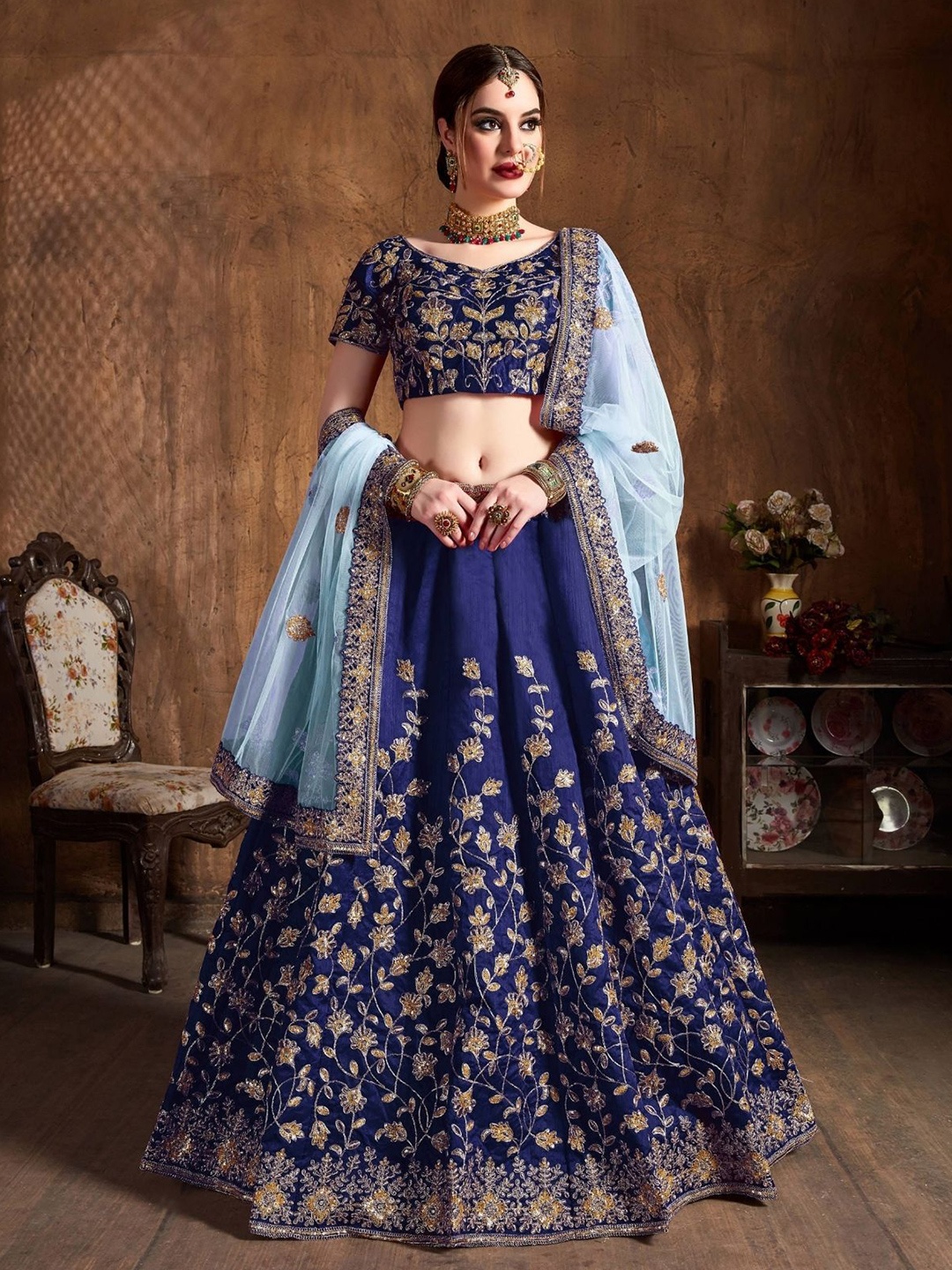

ODETTE Embroidered Thread Work Semi-Stitched Lehenga & Blouse With Dupatta, Blue