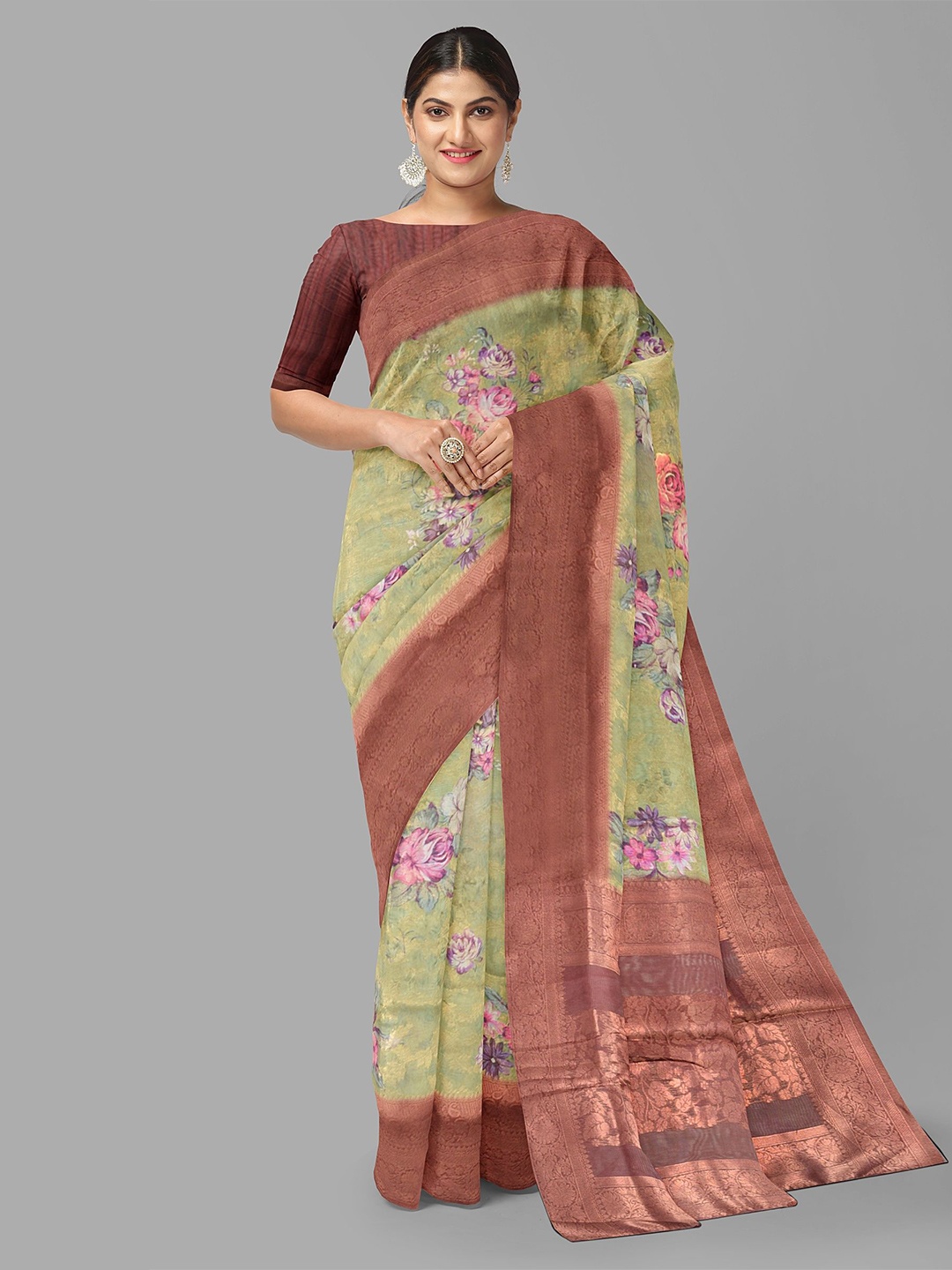 

The Chennai Silks Floral Beads and Stones Organza Banarasi Saree, Green