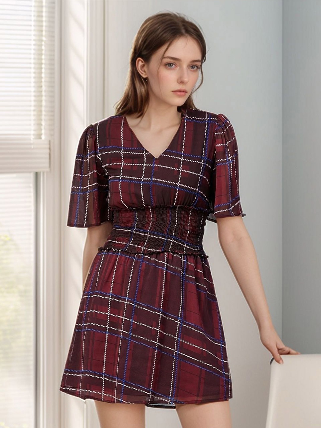 

RARE Women Checked V-Neck Fit and Flare Dress, Brown