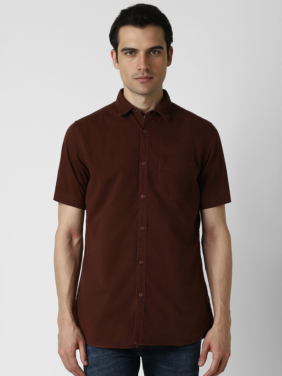 

VAN HEUSEN DENIM LABS Men Spread Collar Solid Cotton Slim Fit Casual Shirt, Brown