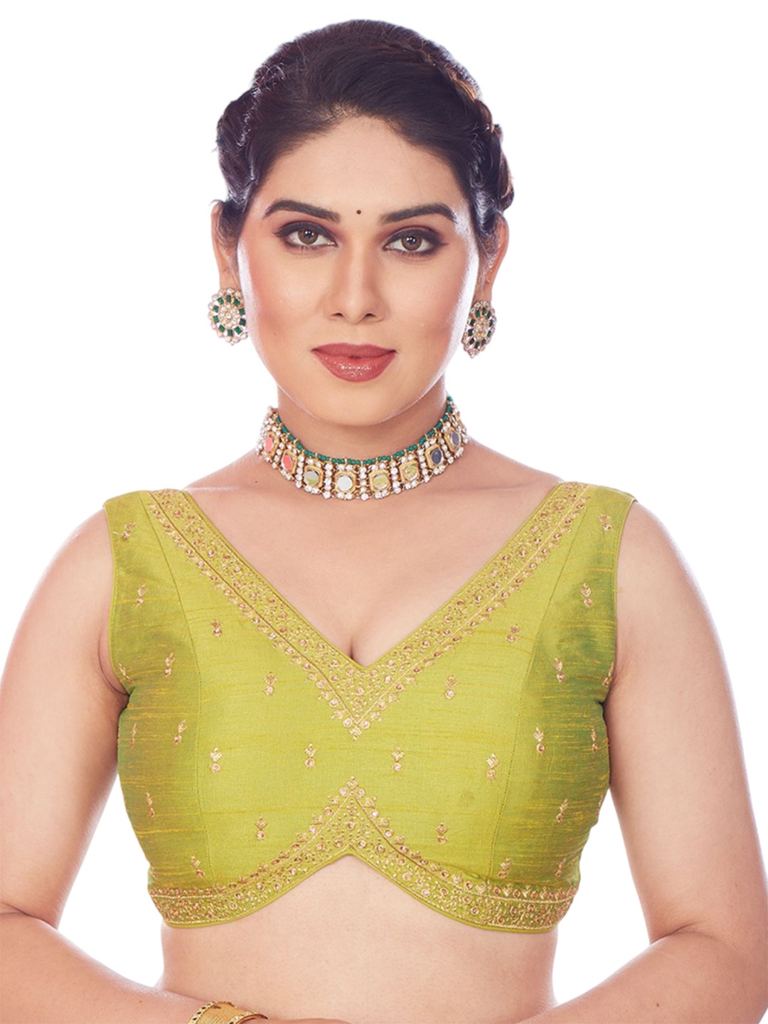 

Mmore Embroidered Padded Saree Blouse, Green