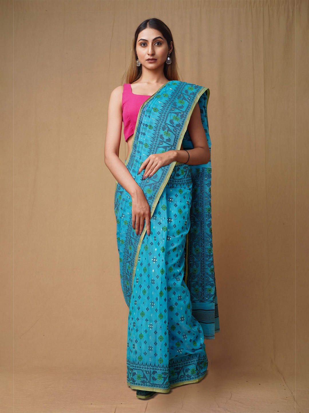 

Unnati Silks Woven Design Zari Pure Cotton Handloom Jamdani Saree, Blue