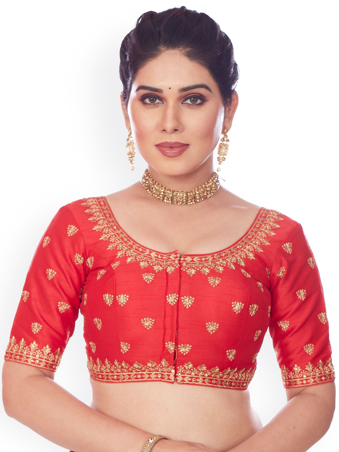 

Mmore Embroidered Padded Saree Blouse, Red