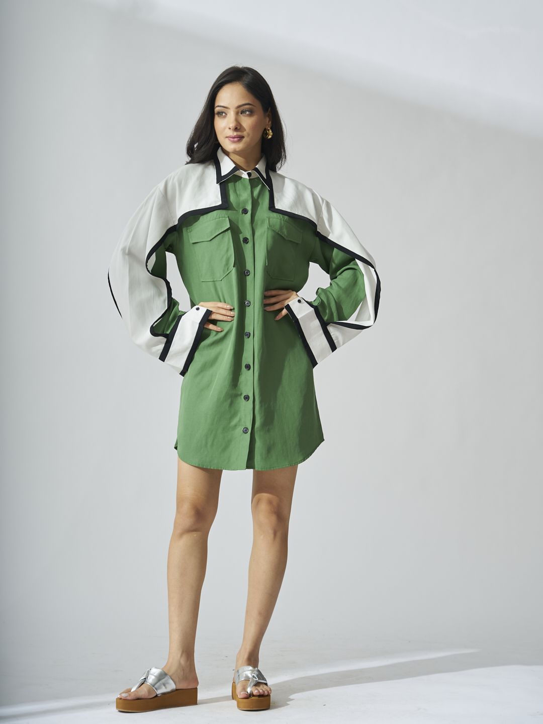 

Risate Women Long Sleeves Shirt Mini Dress, Green