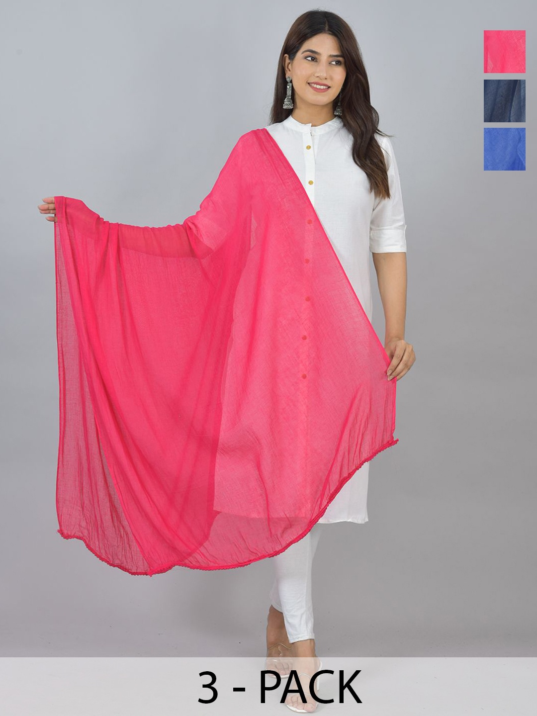 

LA FEMINAE Pack Of 3 Pure Cotton Dupatta, Pink