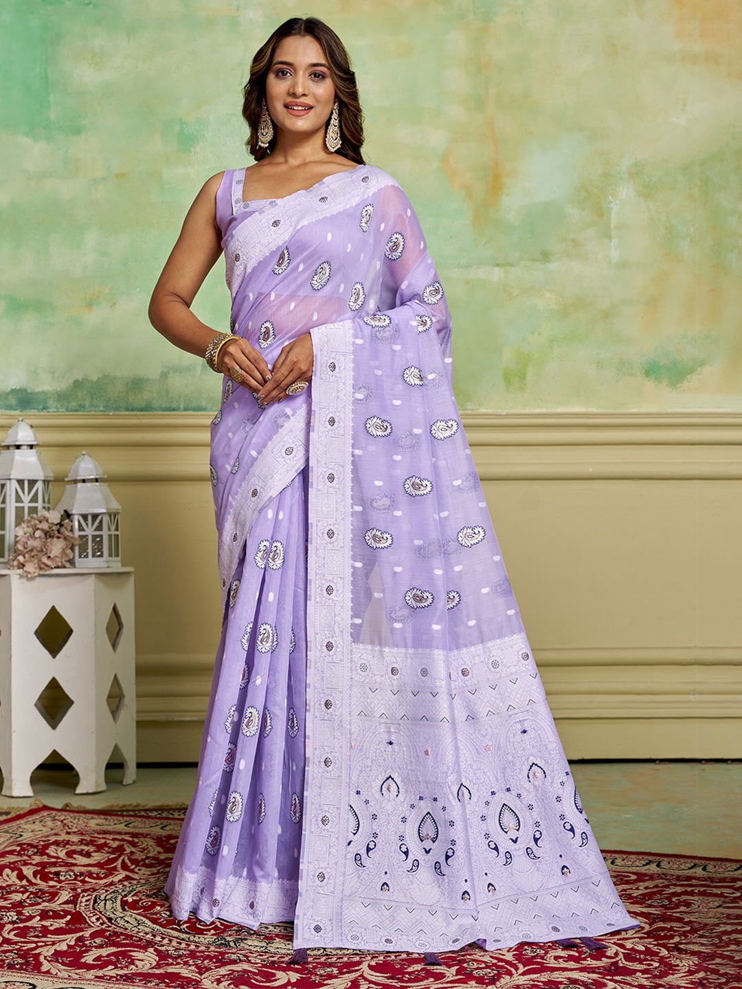 

KAYOMMI Ethnic Motifs Woven Design Zari Pure Cotton Baluchari Saree, Purple