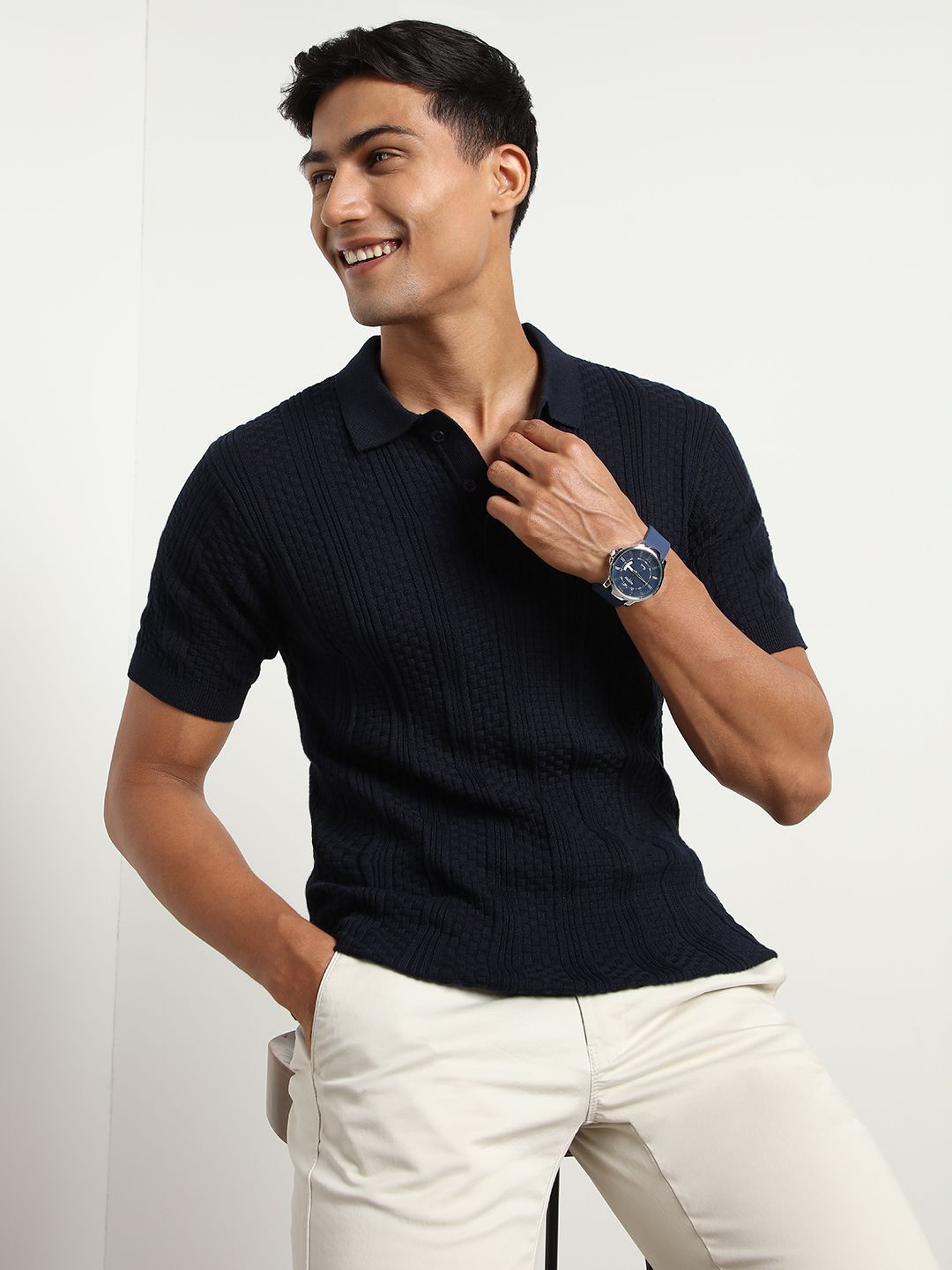

NOBERO Men Polo Textured T-shirts, Navy blue
