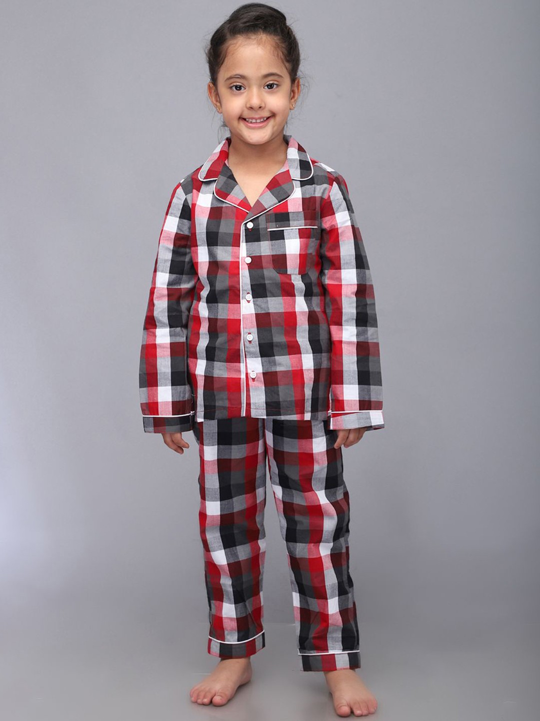 

Biglilpeople Kids Checked Lapel Collar Pure Cotton Night suit, Red