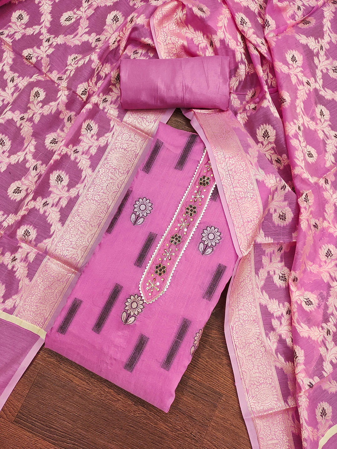 

MANVAA Floral Embroidered Beads and Stones Unstitched Dress Material, Pink