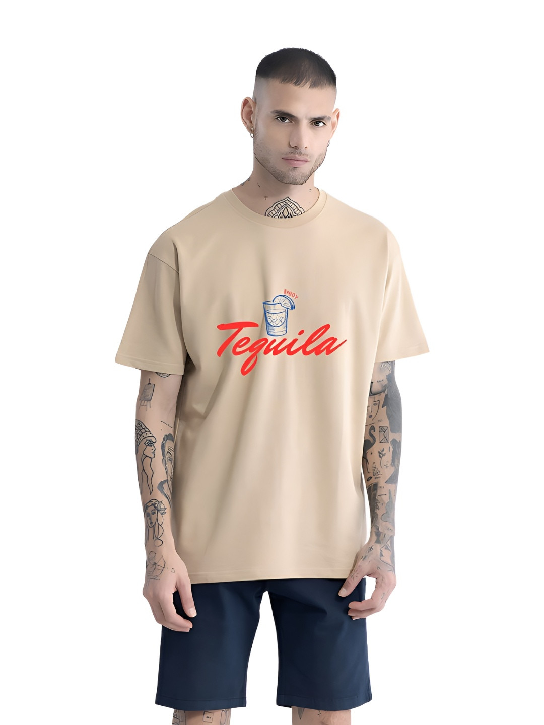 

TBS- THE BARGAIN STREET Men Bio Finish Typography Printed Cotton Oversized T-shirt, Beige