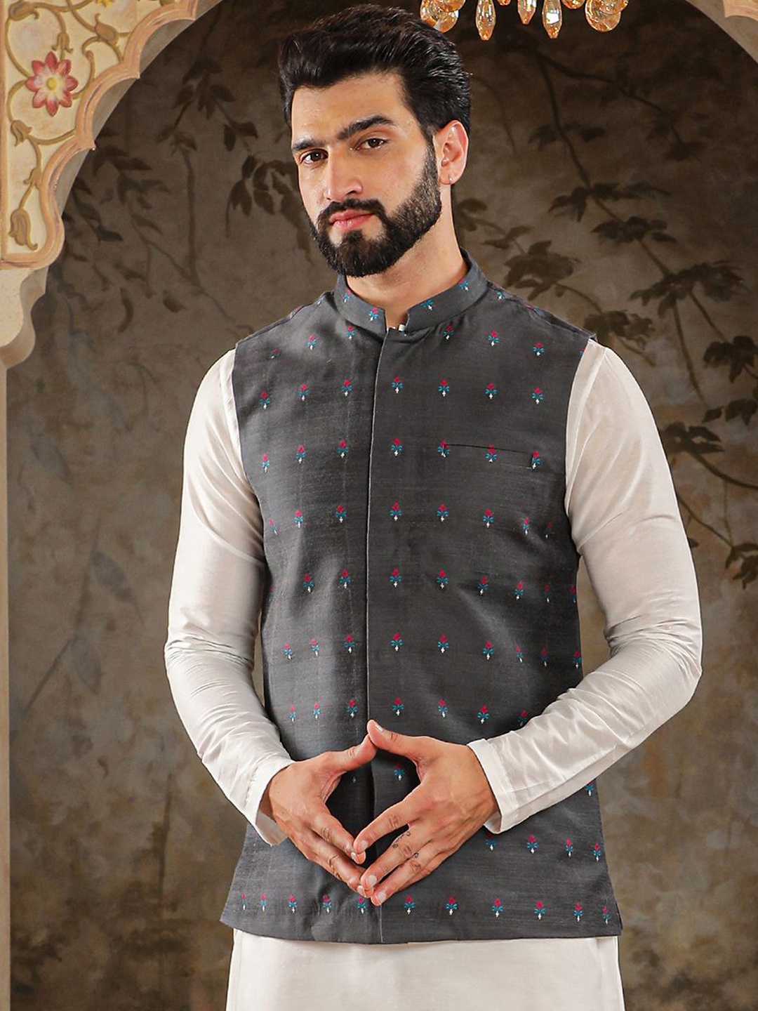 

HOUSE OF DEYANN Woven Design Nehru Jackets, Silver