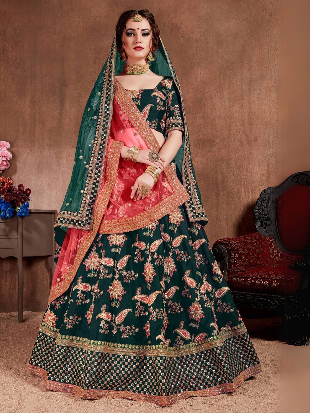

ODETTE Embroidered Semi-Stitched Lehenga & Blouse With Dupatta, Green