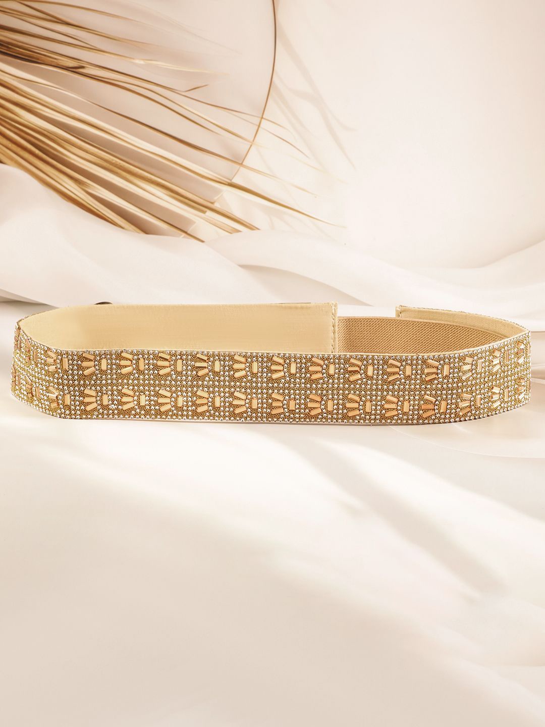 

Rubans Gold-Toned Crystal Zirconia Studded Adjustable Waist Belt with Fabric Base