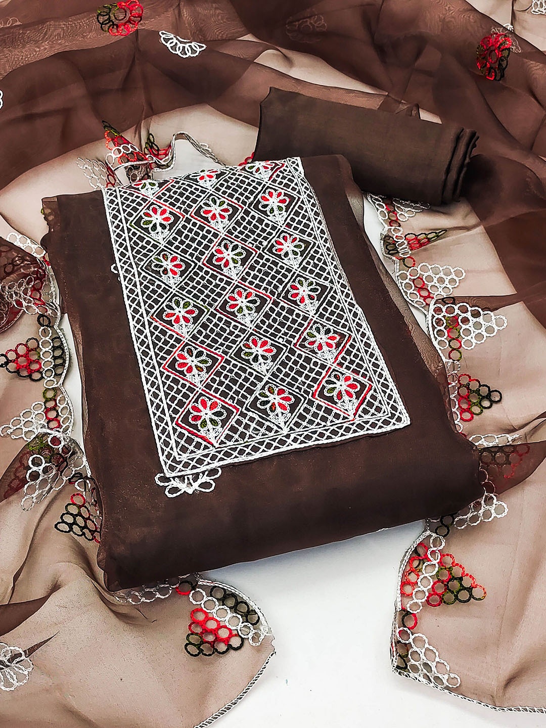 

KALINI Ethnic Motifs Embroidered Zari Organza Unstitched Dress Material, Brown