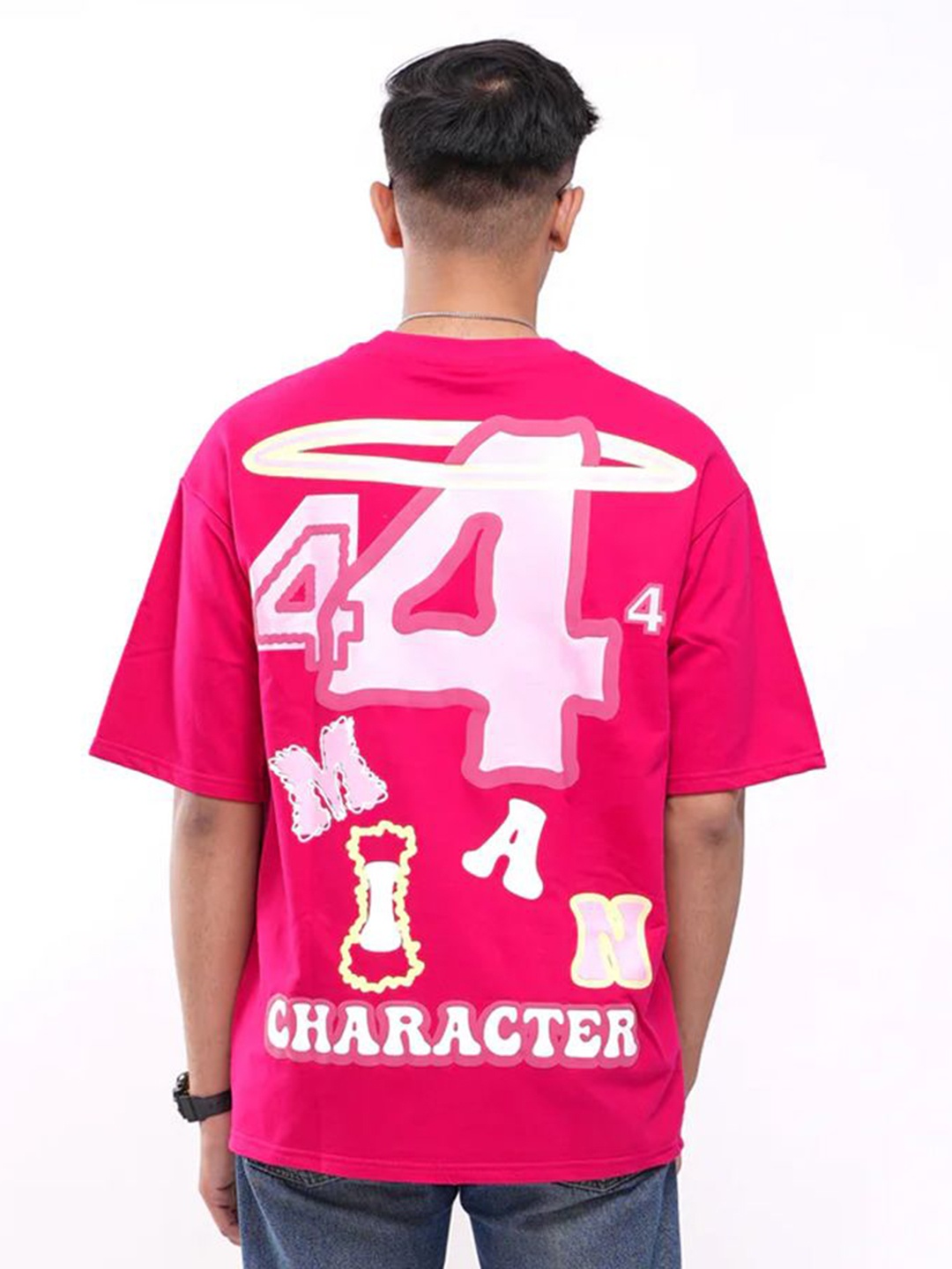 

Main Character India Unisex Typography Printed Drop-Shoulder Sleeves Applique T-shirt, Pink