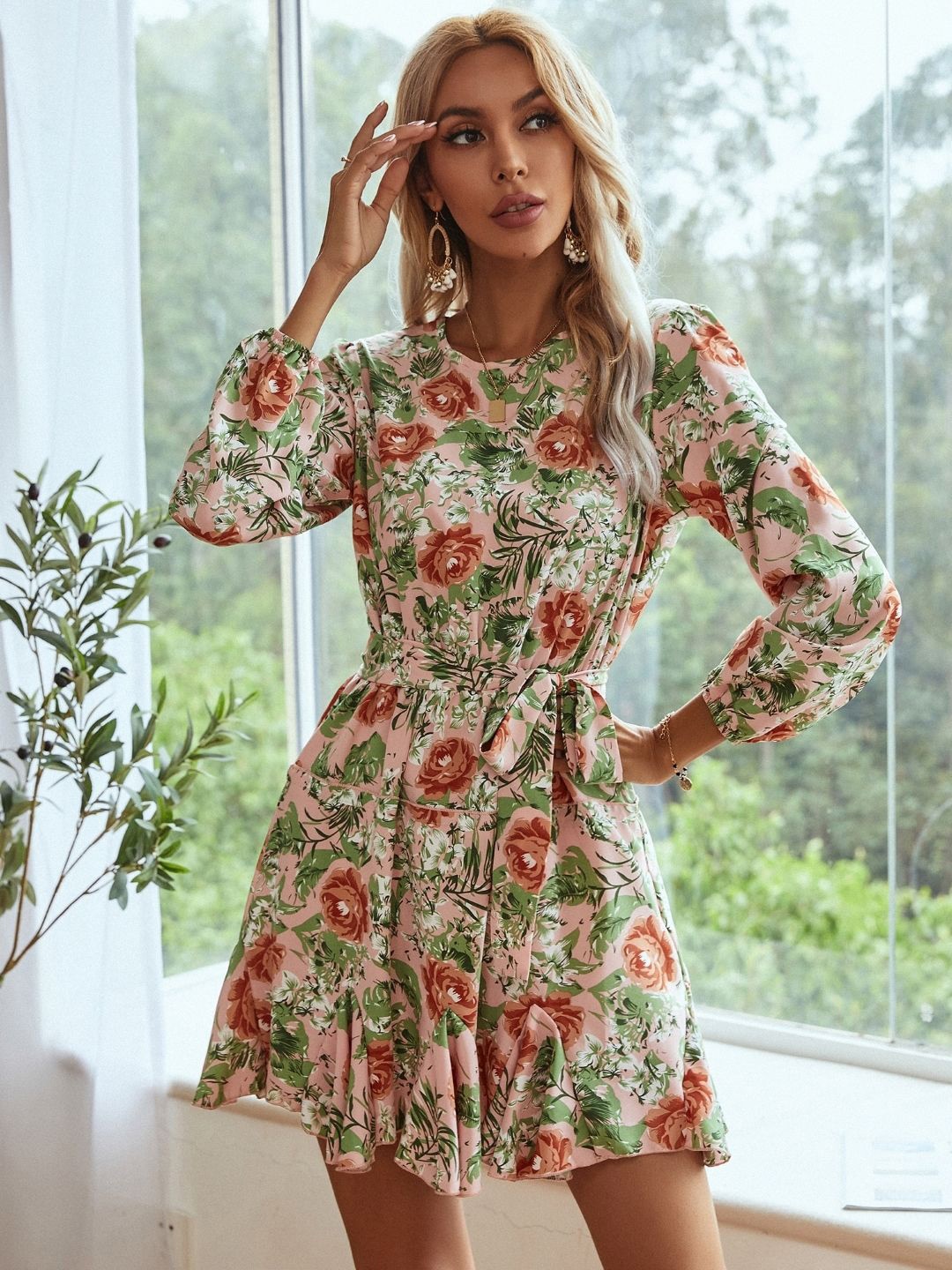 

KPOP Floral Printed Tie-Ups Detail Puff Sleeve A-Line Dress, Pink