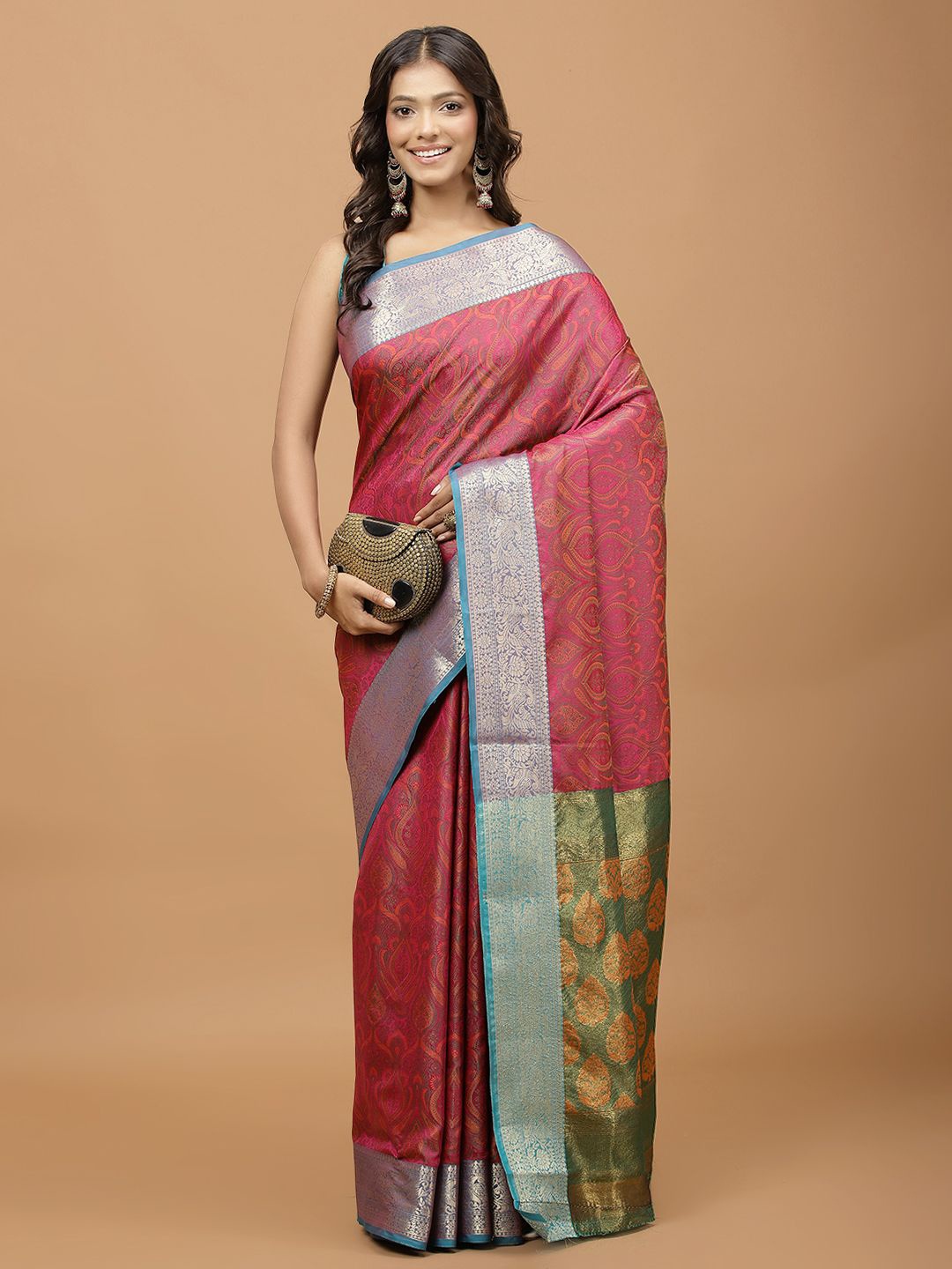 

Meena Bazaar Woven Design Printed Zari Saree, Pink