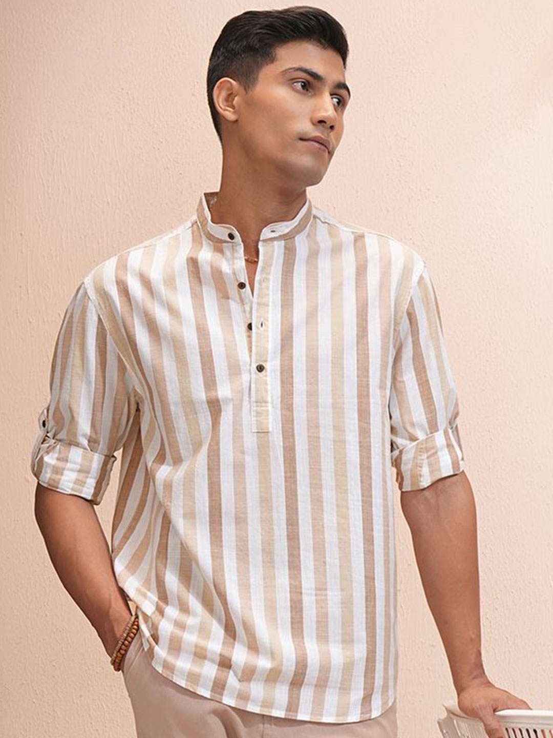 

Highlander Men Striped Mandarin Collar Roll Up Sleeve Relaxed Shirt, Beige