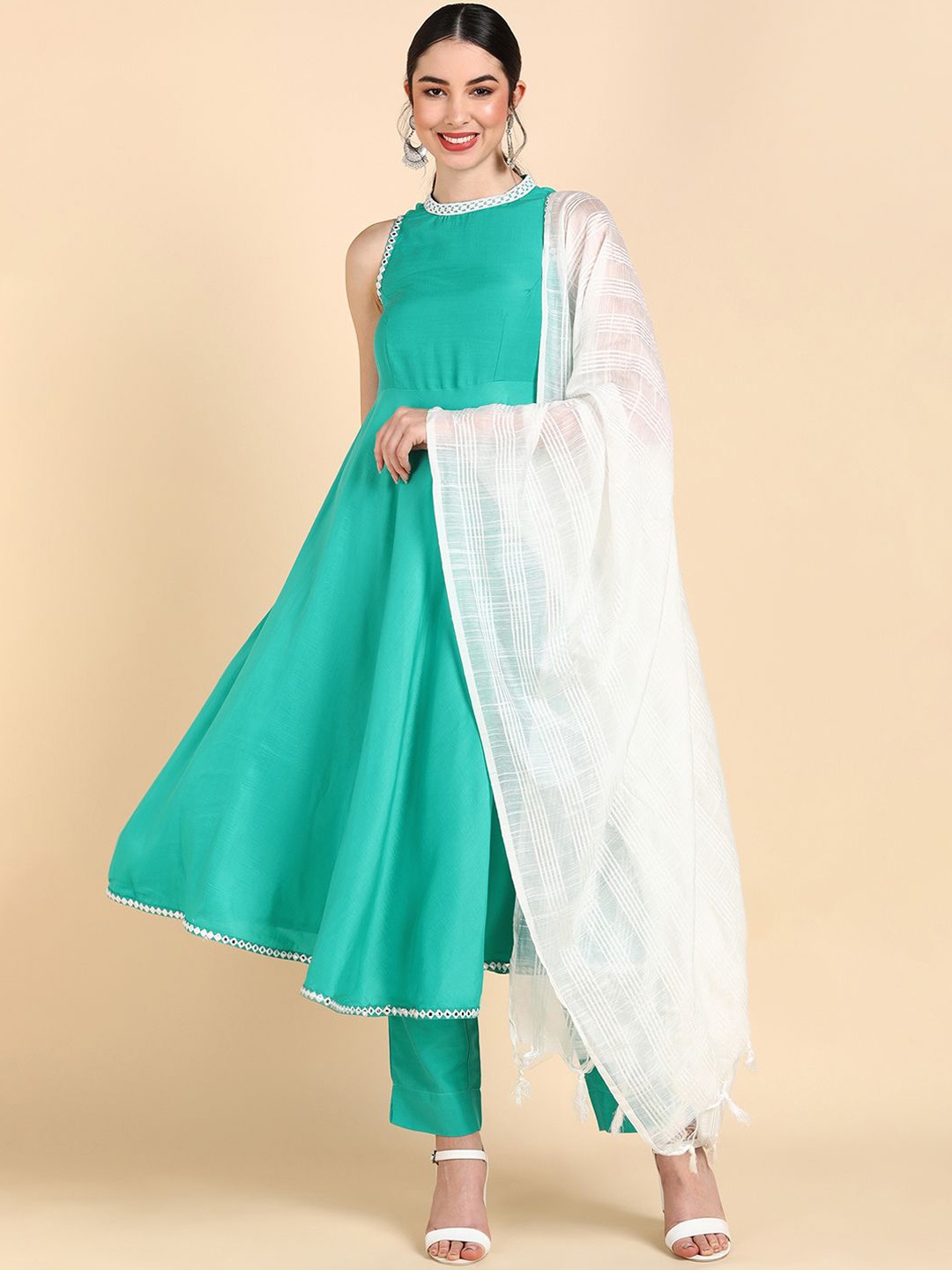 

KALINI Women Panelled Thread Work Kurta with Trousers & With Dupatta, Sea green