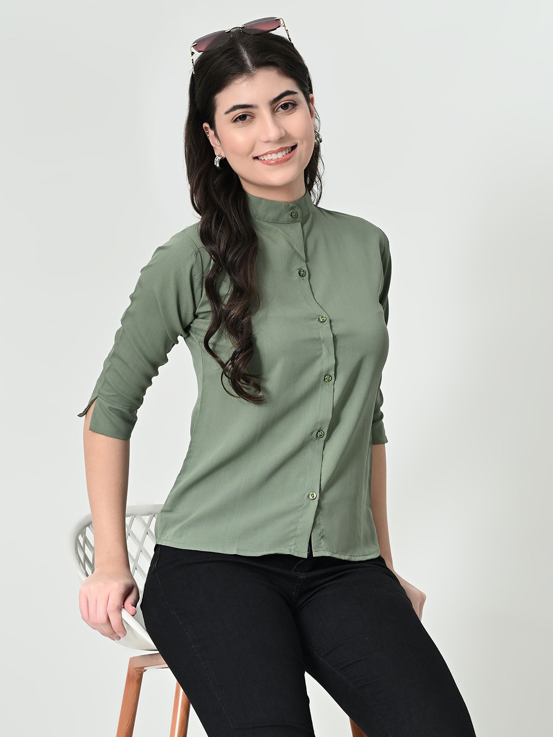 

mrutbaa Women Standard Band Collar Solid Crepe Casual Shirt, Green