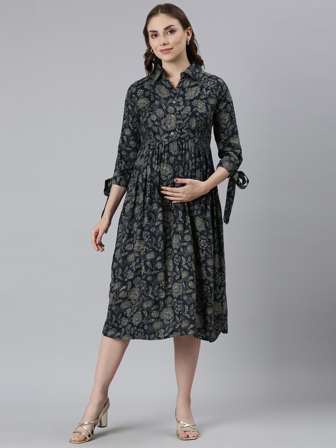 

THE MAMA KLUB Floral Printed Fit & Flare Maternity Dress, Navy blue