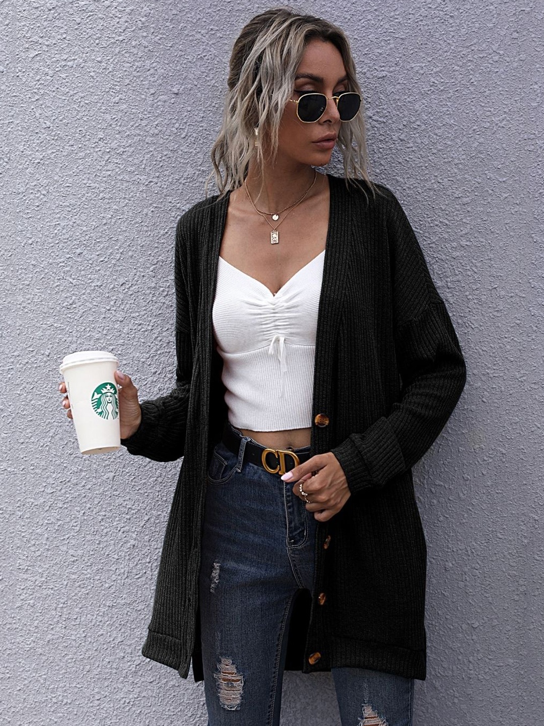 

KPOP Women Ribbed Longline Cardigan, Black