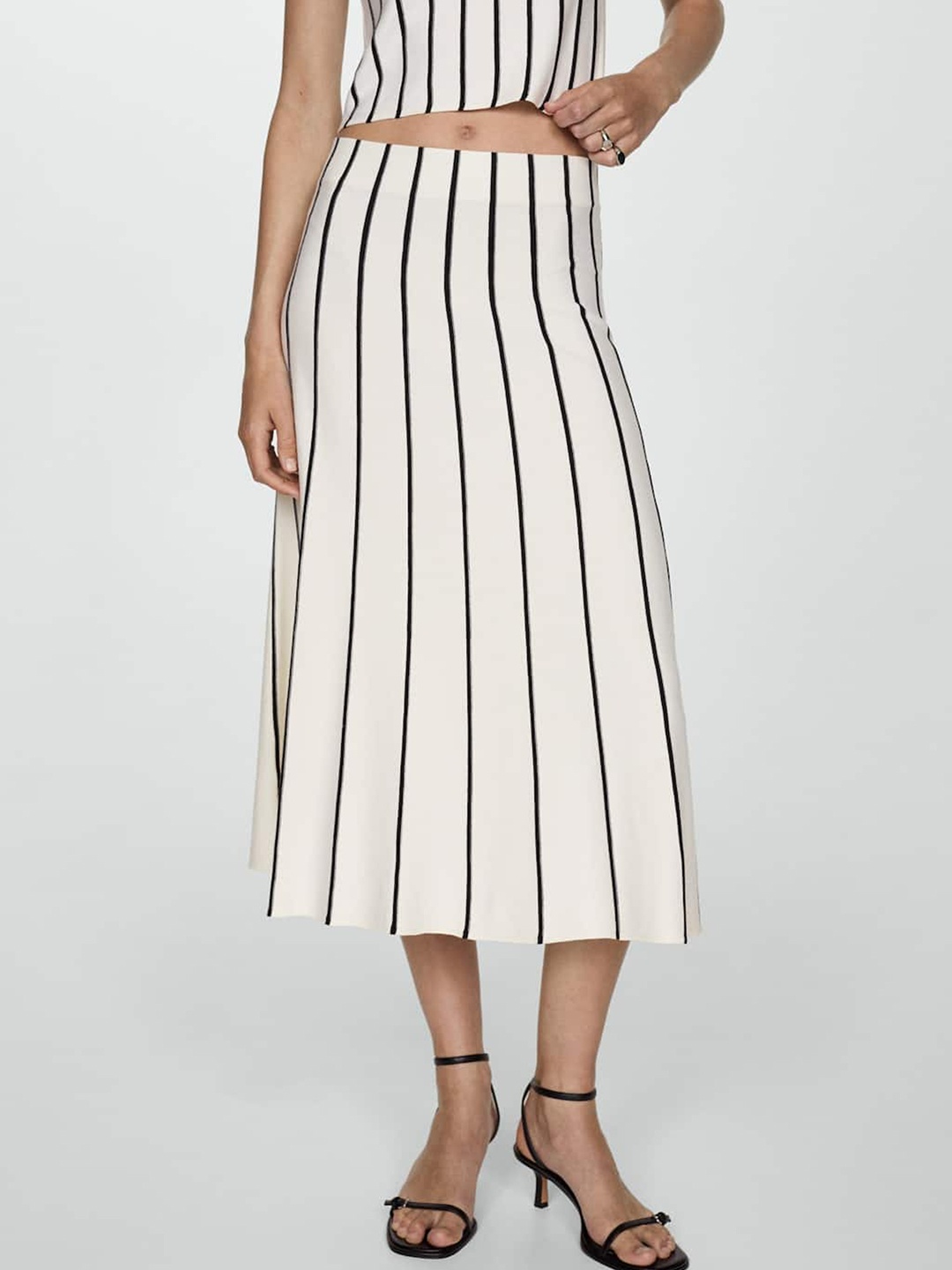 

MANGO Striped A-Line Midi Skirt, White