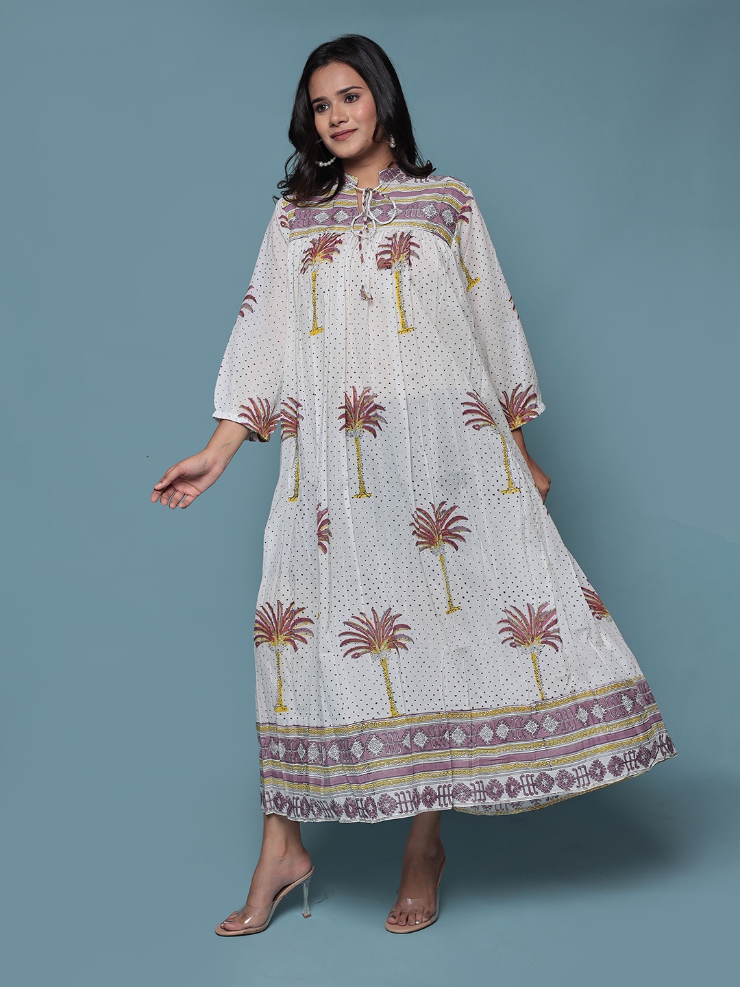 

Bohekant Women Conversational Printed Cotton Fit & Flare Maxi Dress, White