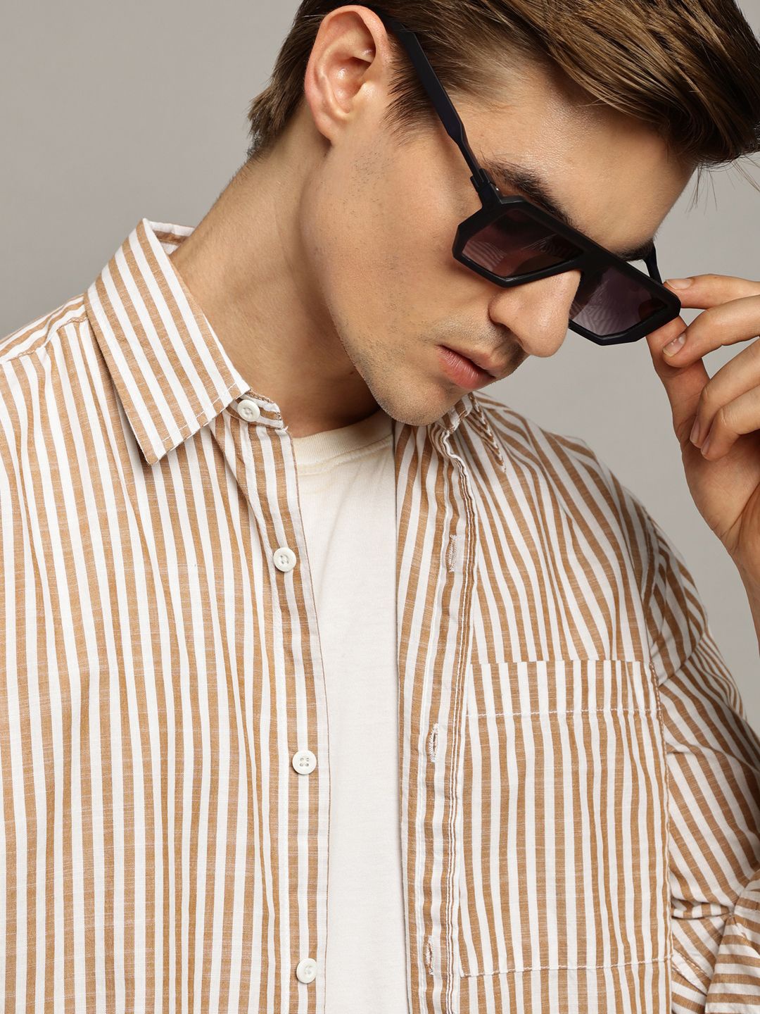 

The Roadster Lifestyle Co. Men Premium Vertical Striped Cotton Oversized Casual Shirt, Brown