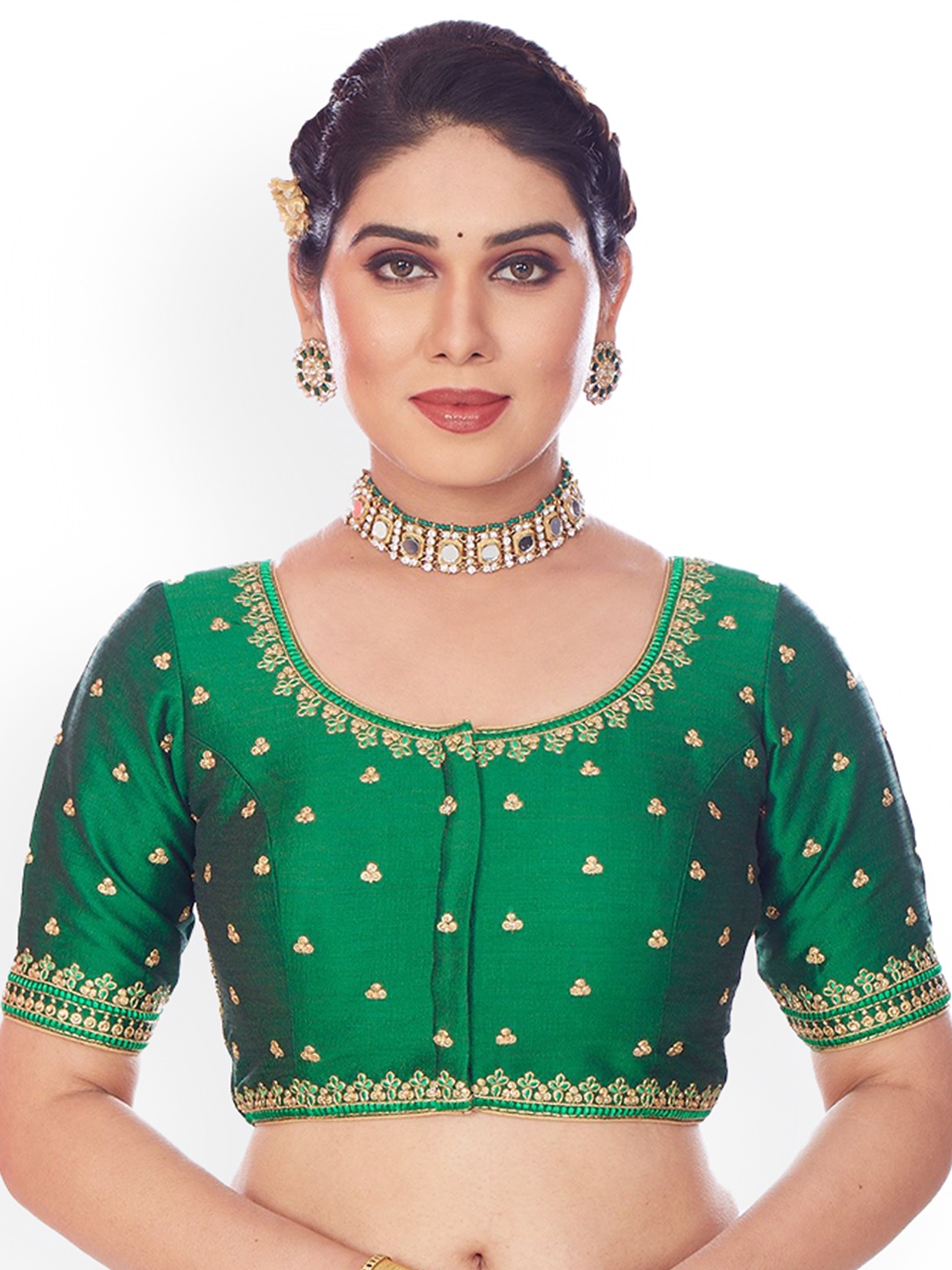 

Mmore Embroidered Padded Saree Blouse, Green