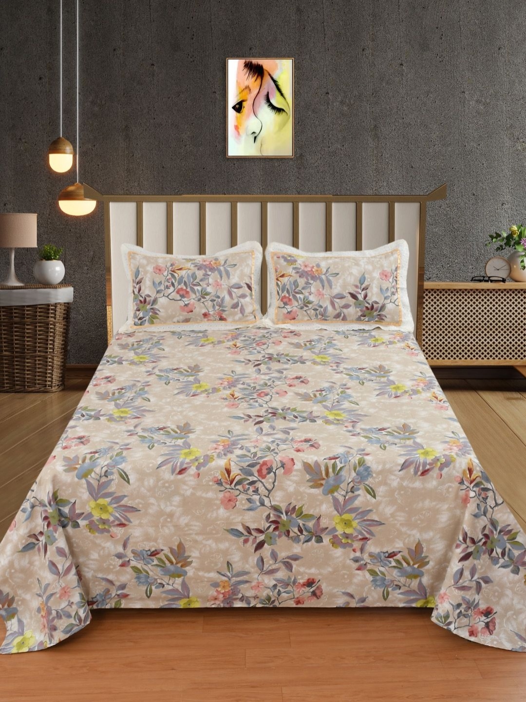 

BELVOSTUM Peach-Coloured & Blue Floral 250 TC King Bedsheet with 2 Pillow Covers