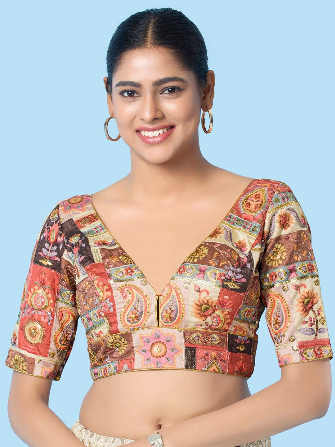 

Mmore Embroidered Padded Saree Blouse, Orange