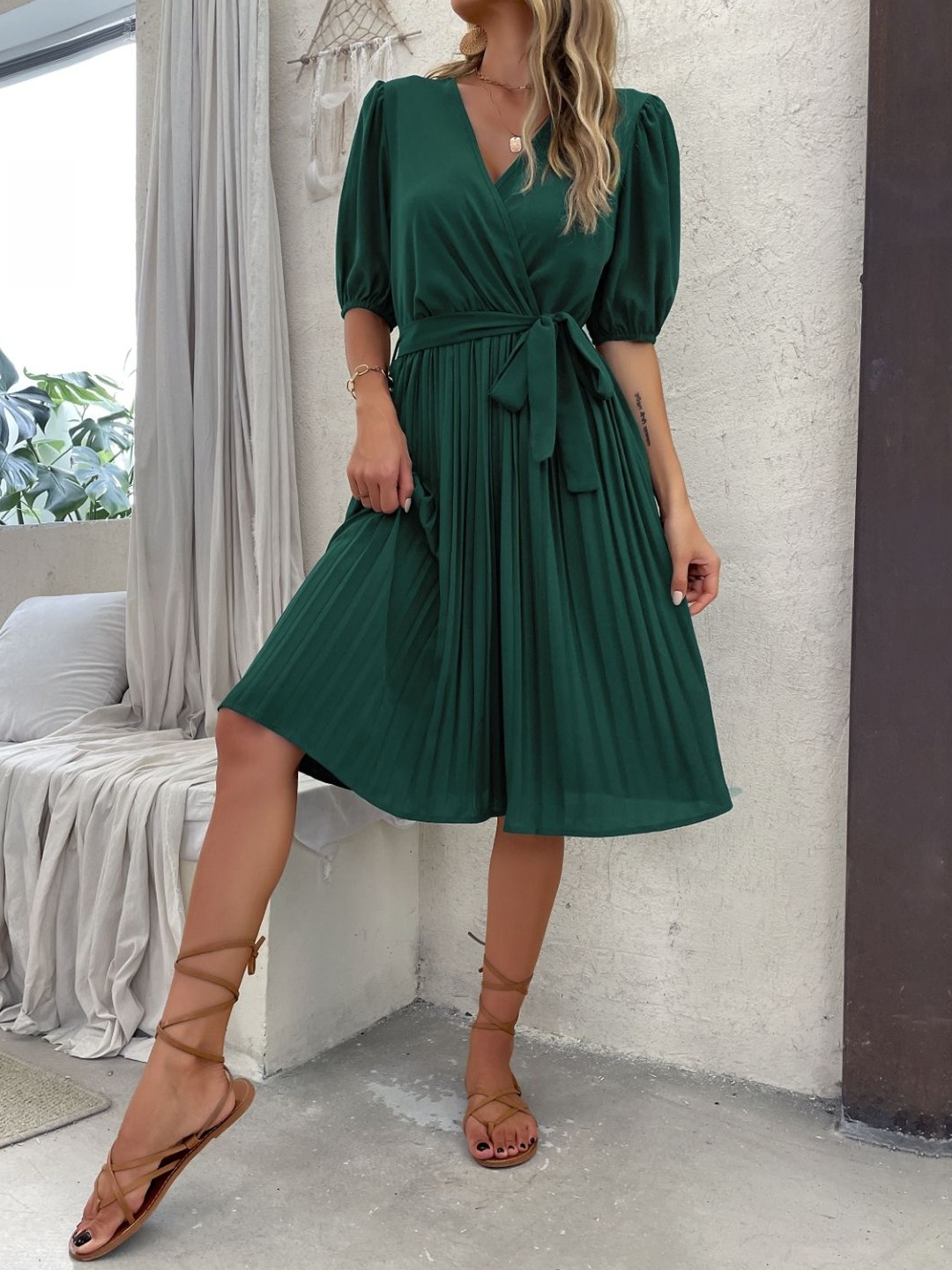

KPOP Women Solid Puff Sleeve Wrap A-Line Dress, Green